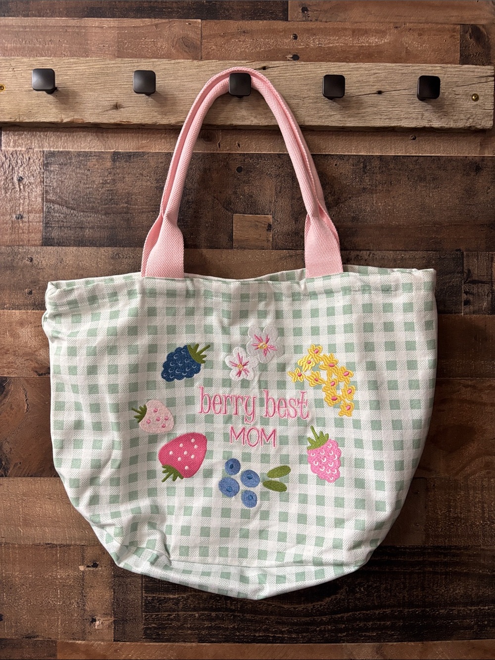 Berry Best Mom Tote Bag - Pink & Green Gingham